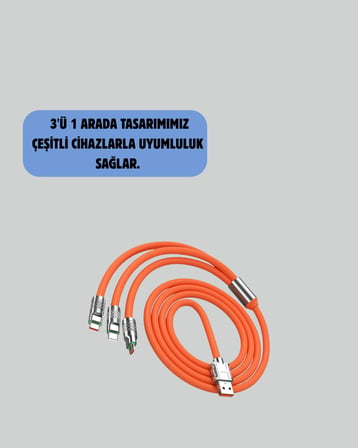 3’ü 1 Arada Kablo – 120W Hızlı Şarj ve Veri Aktarımı Özellikli