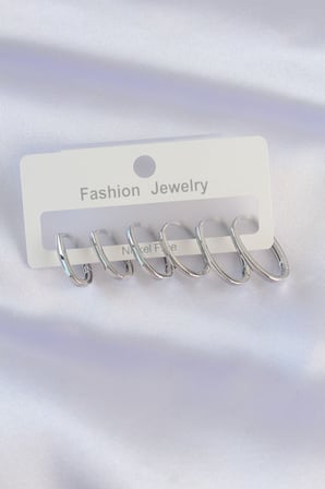Pirinç Gümüş Renk İnce Oval Küpe Seti 5886