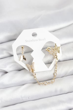 Pirinç Gold Renk Kelebek Model Zincir Bağlantılı Ear Cuff Küpe Seti 5886