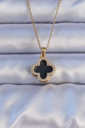 316L Çelik Gold Renk Siyah Mineli Zirkon Taşlı Yonca Figürlü Kolye 5886