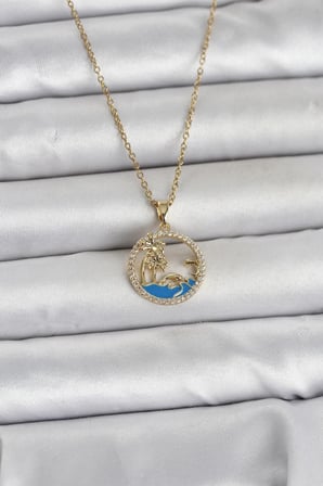 316L Çelik Zincir Gold Renk Zirkon Taşlı Deniz Temalı Kadın Kolye 5886