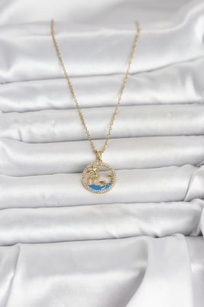 316L Çelik Zincir Gold Renk Zirkon Taşlı Deniz Temalı Kadın Kolye 5886