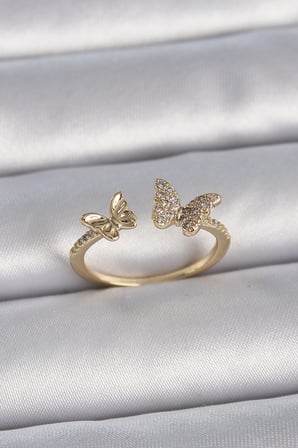 Pirinç Gold Renk Ayarlanabilir Zirkon Taşlı Kelebek Model Kadın Yüzük 5886