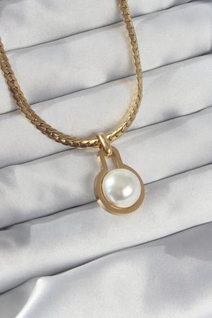 316L Çelik Gold Renk Yassı Zincir İnci Taşlı Kolye 5886