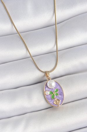 316L Çelik Gold Renk Zincir Mor Mineli Oval İncili Çiçek İşlemeli Portre Model