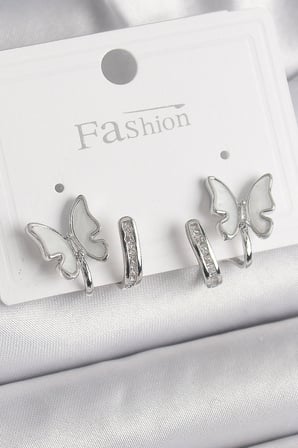 Pirinç Gümüş Renk Zirkon Taş Detaylı Beyaz Sedefli Kelebek Model Kadın Küpe 
