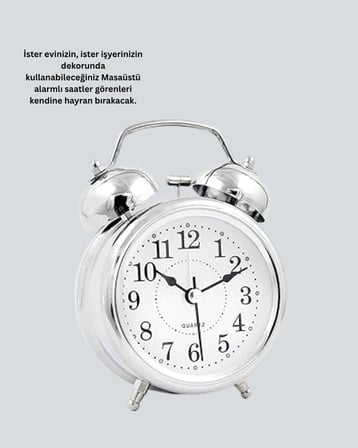 Dekoratif Yuvarlak Gümüş Sessiz Işıklı Masa Üstü Çalar Saat Alarmlı ve Ş?