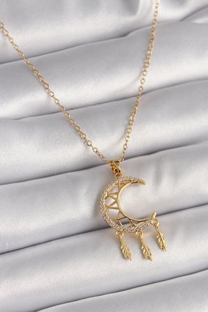 316L Çelik Gold Renk Zincir Zirkon Taşlı Hilal Model Sallantı Yaprak Detay Kadı
