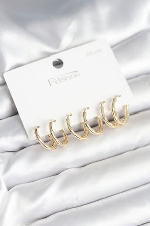 Pirinç Gold Renk Kemik Halka Model 925 Ayar Gümüş Çivili Kadın Küpe Seti 5886