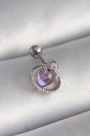 316L Çelik Gümüş Renk Mor Mineli Kalp Zirkon Taş Detay Tragus Piercing 5886