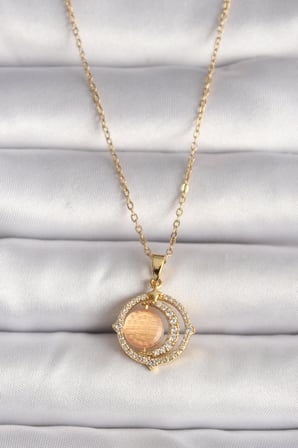 316L Çelik Gold Renk Zirkon Taşlı Turuncu Sedefli Hilal Model Kadın Kolye 5886
