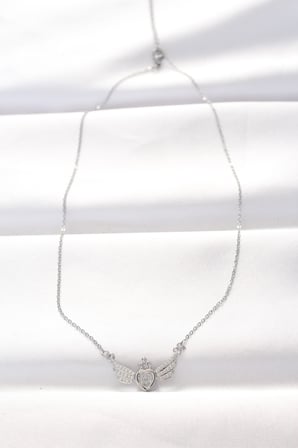 316L Çelik Silver Renk Zirkon Taşlı Kalpli Kanat Kolye 5886