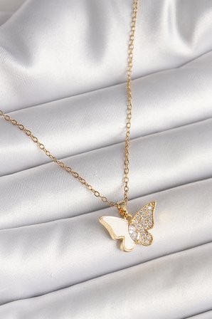 316L Çelik Gold Renk Zincir Zirkon Taşlı Beyaz Mineli Kelebek Model Kadın Kolye 