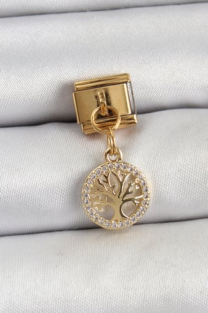 316L Çelik Sallantılı Zirkon Taşlı Hayat Ağacı Model Gold Renk Nomination Cha