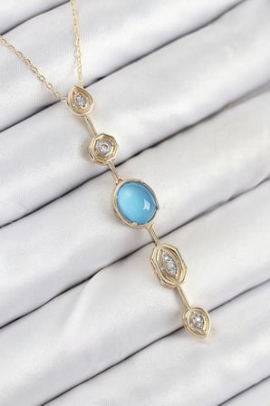 Pirinç Zincir Mavi Gold Renk Zirkon Taşlı Y Kolye 5886
