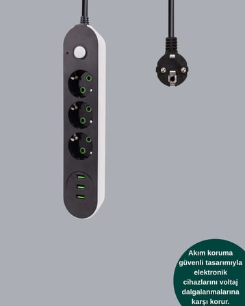 Hızlı Şarj Özellikli 3 USB Girişli Üçlü Priz