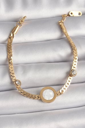 316L Çelik Gold Renk Yassı Zincir Model Zirkon Taş Detaylı Beyaz Mineli Madalyon