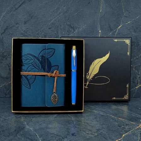 Özel Üretim Hatıra Eşyası İş Hediyesi Çalışma Alanı Metal Kalem ve Mavi Deri Defter