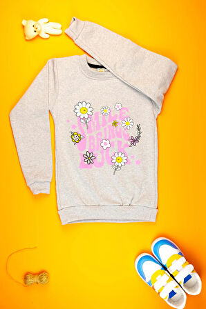 Kız Çocuk Giyim - Yumuşacık Şirin Çiçek Baskılı Sweatshirt