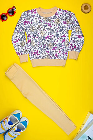 Pamuklu Yumuşacık Desenli Kız Çocuk Sweat ve Tayt Takımı 4 - 10 Yaş