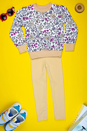 Pamuklu Yumuşacık Desenli Kız Çocuk Sweat ve Tayt Takımı 4 - 10 Yaş