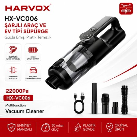 Harvox HX-VC006 Araç İçi Süpürge 22.000PA Güçlü Vakum Ve Üfleme Özelliği Taşınabilir 