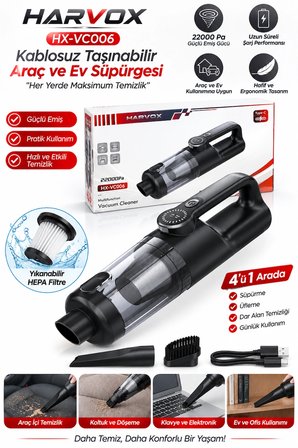 Harvox HX-VC006 Araç İçi Süpürge 22.000PA Güçlü Vakum Ve Üfleme Özelliği Taşınabilir 