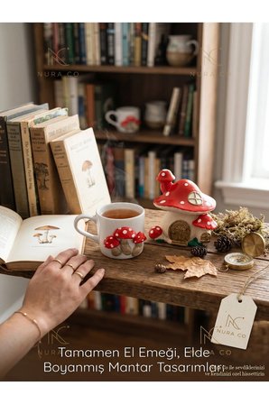 Mantar Kabartmalı Kahve Fincan ve Dekoratif Mantar Ev Biblo Seti Masalsı Orman Serisi Kahve Sunum Figürlü Kupa