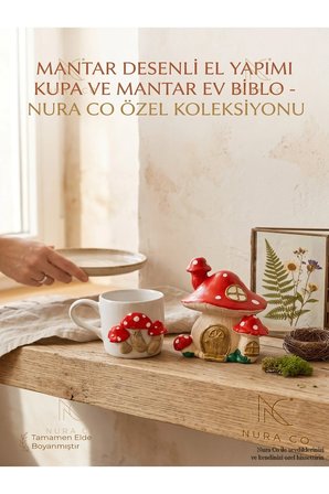 Mantar Kabartmalı Kahve Fincan ve Dekoratif Mantar Ev Biblo Seti Masalsı Orman Serisi Kahve Sunum Figürlü Kupa