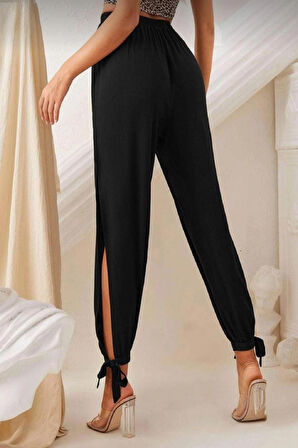 Sandy Kumaş Beli Esnek Ayak Kısmından Bağlamalı  Yırtmaçlı Tarz Pantolon Siyah