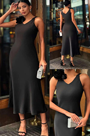 Zarif İğne Broş Detaylı Midi Elbise