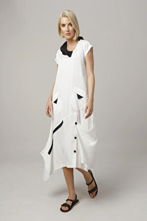 %100 Organik Doğal Kumaş Asimetrik Tasarım Elbise