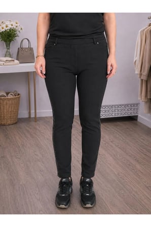 Şerit Detaylı Yüksek Beli Lastikli Siyah Pantolon