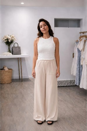 Beli Lastikli Geniş Paça Keten Pantolon- Bej