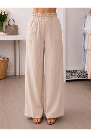 Beli Lastikli Geniş Paça Keten Pantolon- Bej