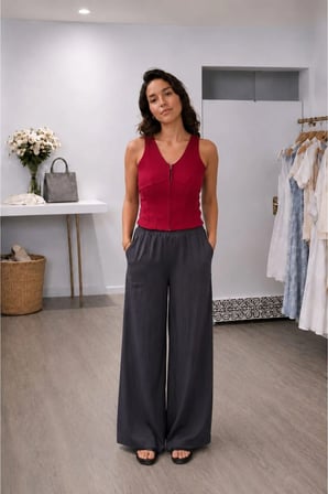 Beli Lastikli Geniş Paça Keten Pantolon- Antrasit