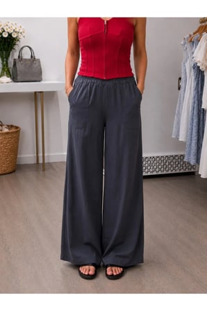 Beli Lastikli Geniş Paça Keten Pantolon- Antrasit