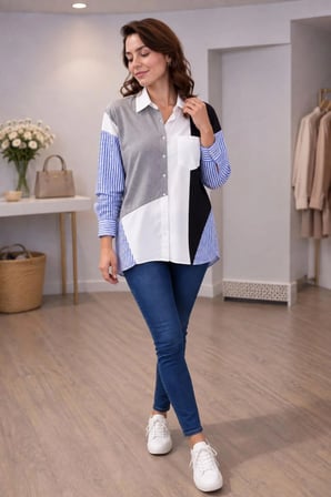 Taş Detaylı Colorblock Oversize Gömlek