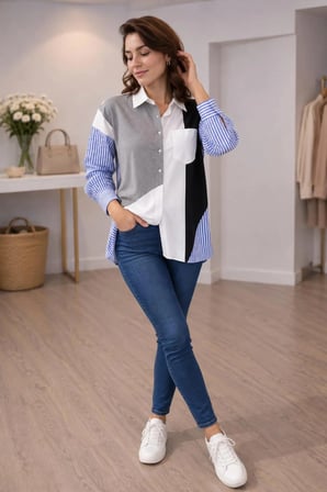 Taş Detaylı Colorblock Oversize Gömlek