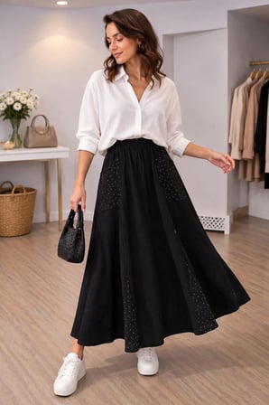 Taş Detaylı Cepli %100 Pamuk Siyah Uzun Etek