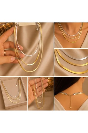 14K Gold, Silver & Rose Üçlü Yassı Zincir Kolye
