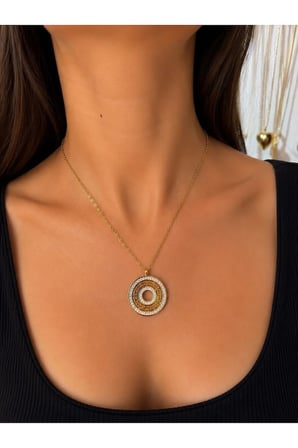 Gold Zirkon Taşlı Yuvarlak Madalyon Kolye