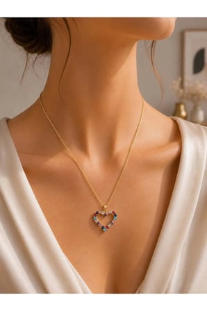 Renkli Zirkon Taşlı Kalp Figürlü Gold Renk Çelik Kolye