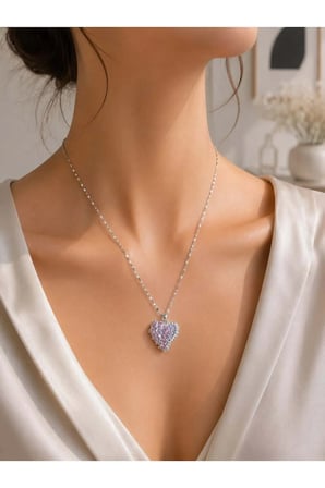 Pembe Zirkon Taşlı Kalp Figürlü Çelik Kolye – Silver