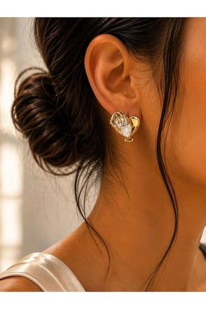 Kalp Formlu Kristal Taşlı Gold Küpe
