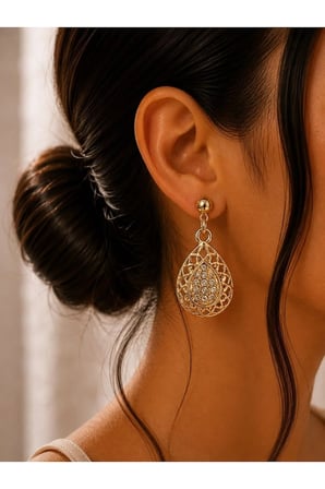Zirkon Taşlı Damla Figürlü Gold Sallantılı Küpe