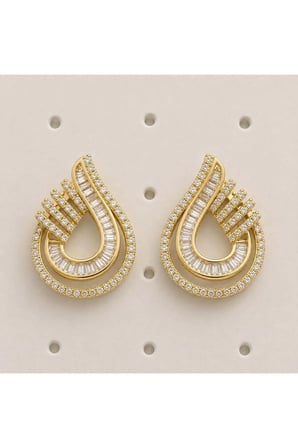 Baget ve Kristal Taşlı İkili Damla Gold Küpe