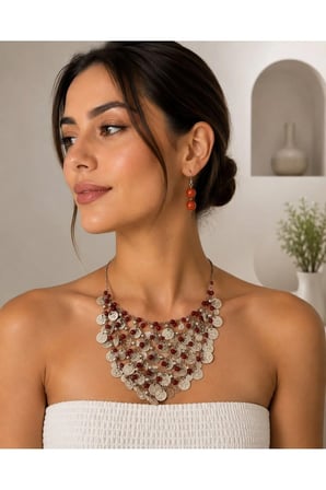 Bordo Boncuklu Otantik Para Detaylı Kolye