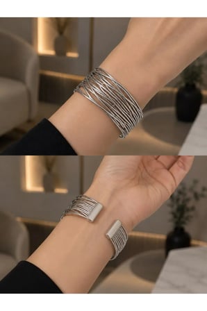 Gümüş Renk Çok Sıralı Tel Kelepçe Bileklik