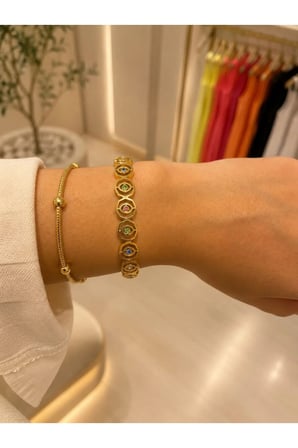 Renkli Taş Detaylı Gold Geometrik Bileklik